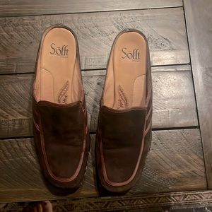Soft, size 7 1/2, brown suede mules, 2” heel.